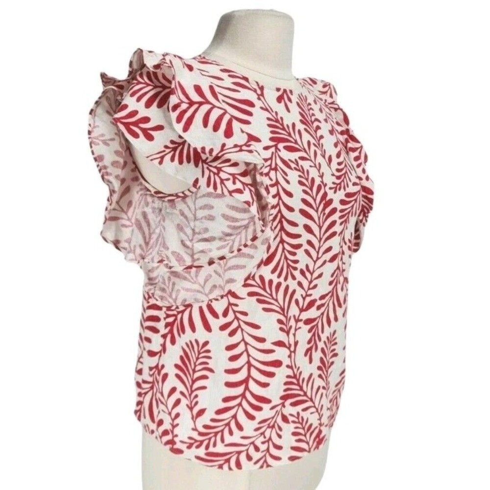 Who What Wear Floral Blouse Ruffle Sleeve Crew Neck Back Button Linen Blend L